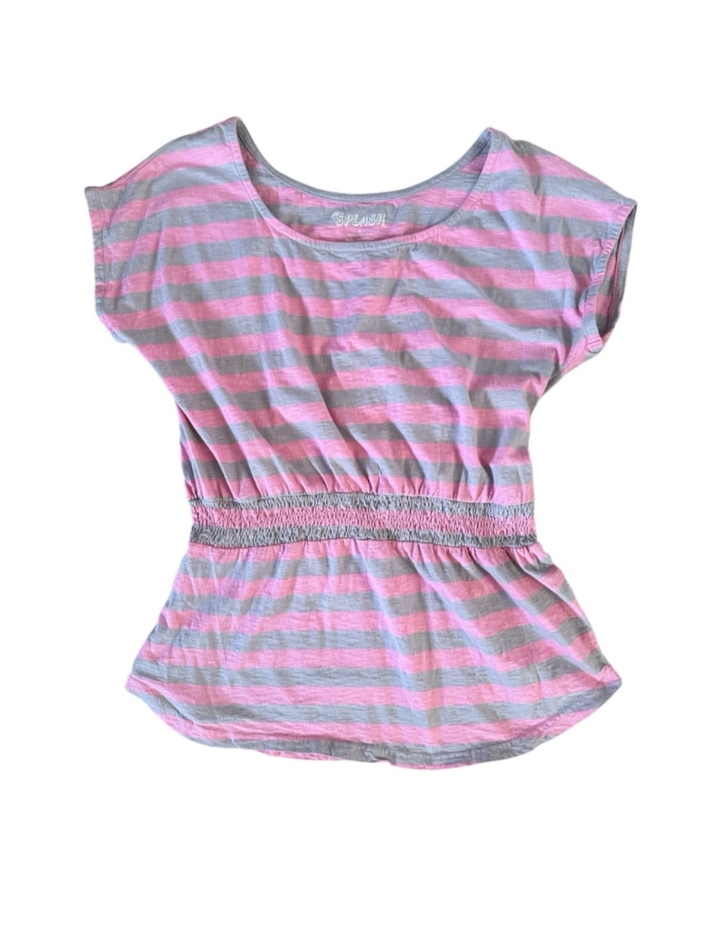 Splash Pink & Gray Striped Smocked-Waist Short Sleeve Top